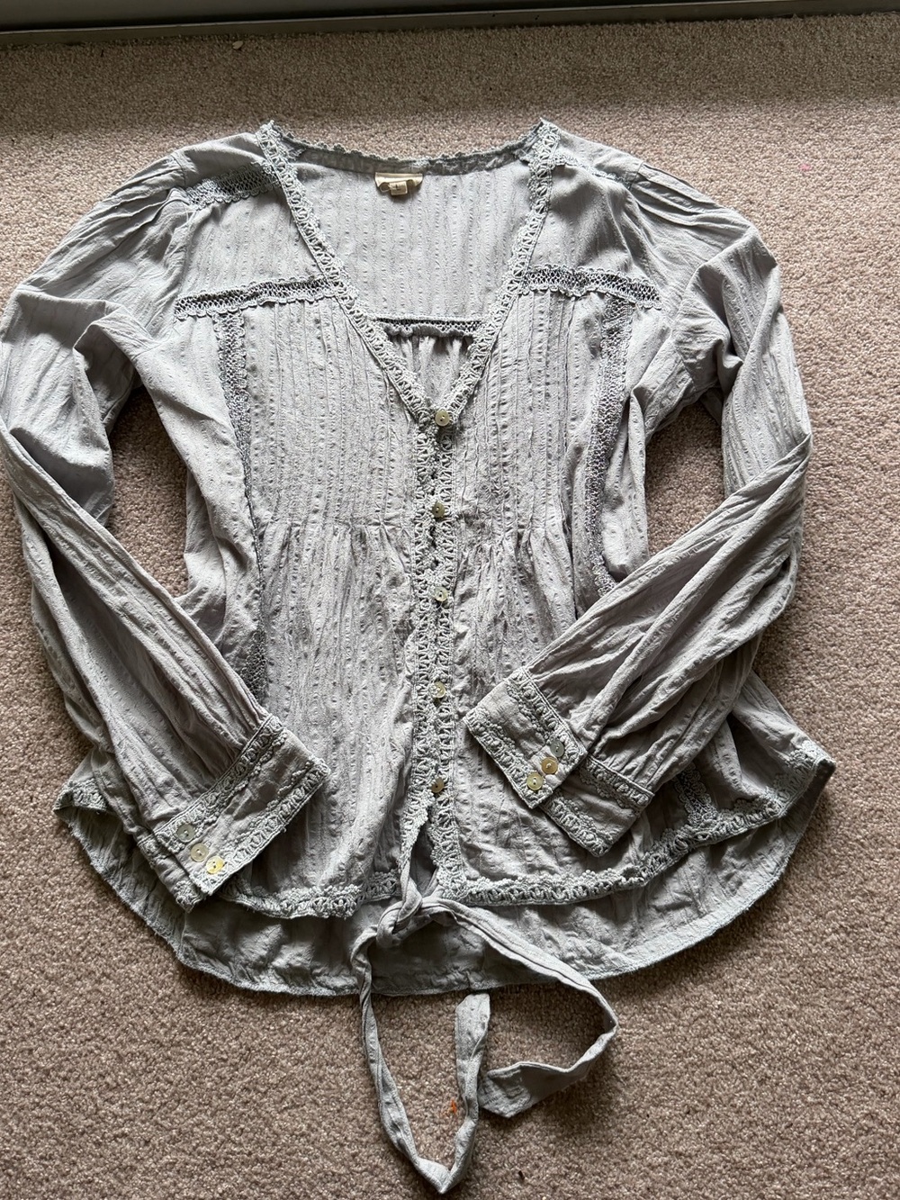 POL Light Gray Lace-Trim Button Front Blouse